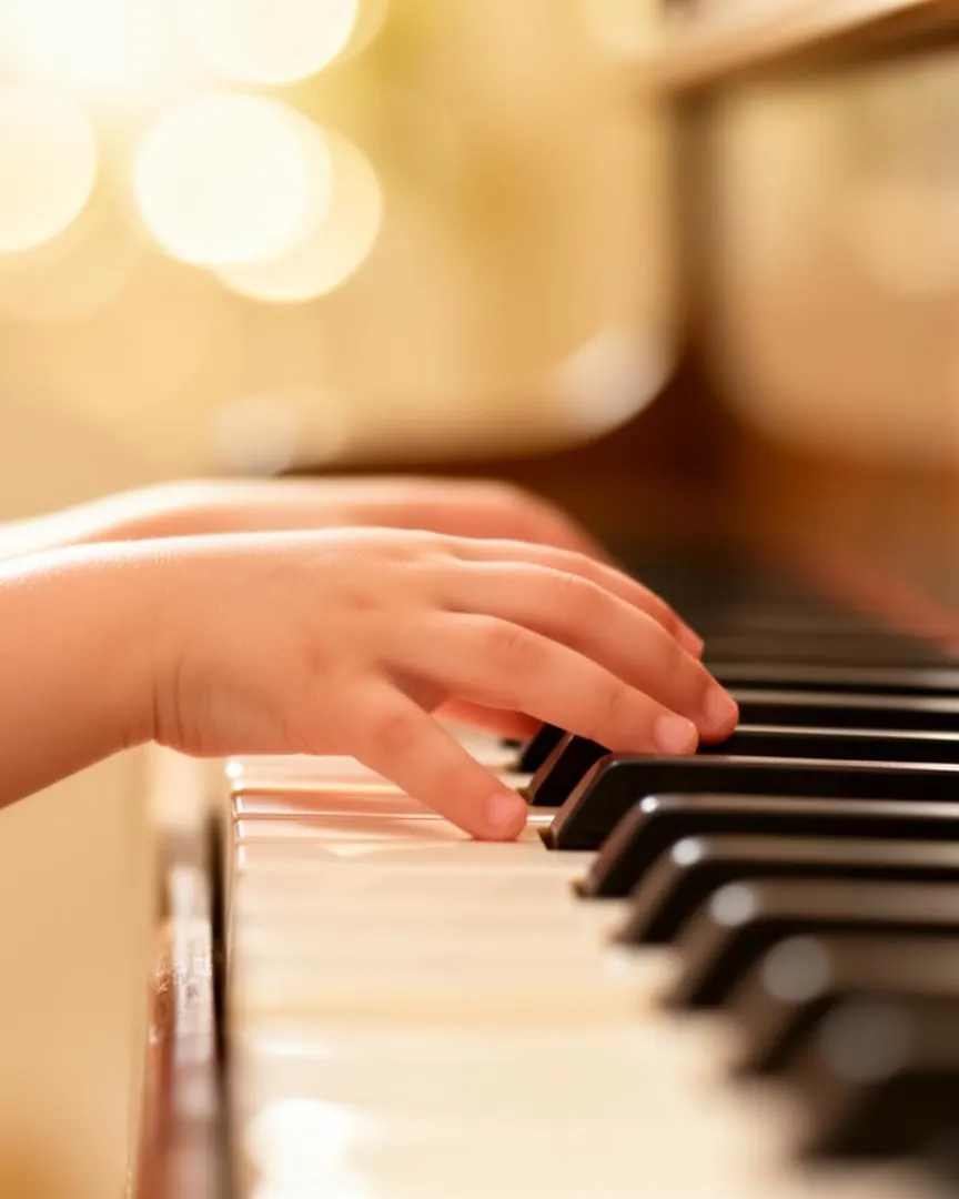 Child playing piano with joy